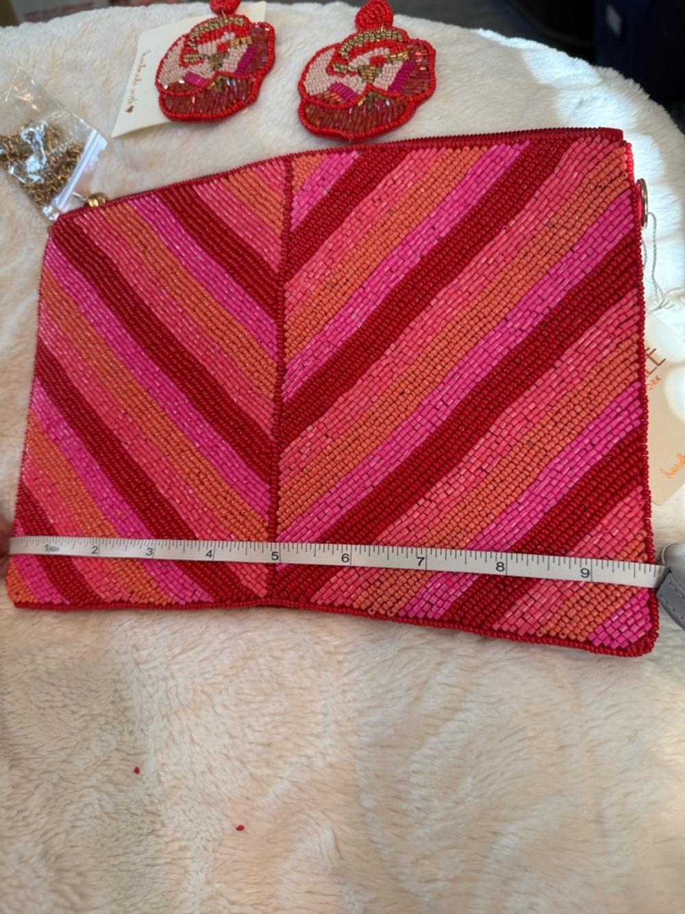 Beaded Chevron Zip Clutch/Crossbody - Pink & Red With Matching Earrings